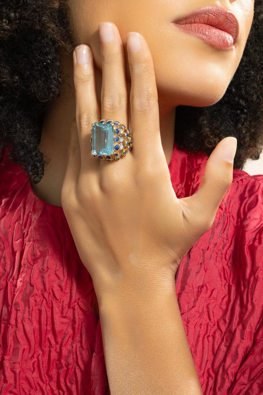 Aquamarine Sapphire Step Cut Tiered Ring-YELLOW GOLD-6-JEWELRYFINE JEWELRING-DAVID WEBB