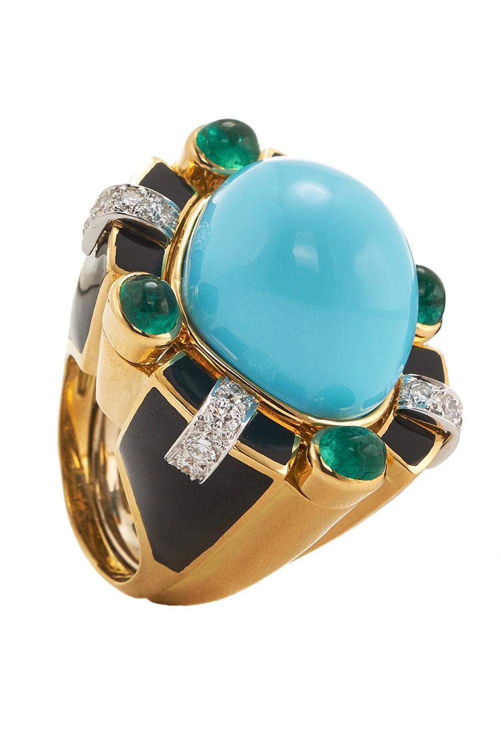 Turquoise Emerald Black Caviar Ring-YELLOW GOLD-5-JEWELRYFINE JEWELRING-DAVID WEBB