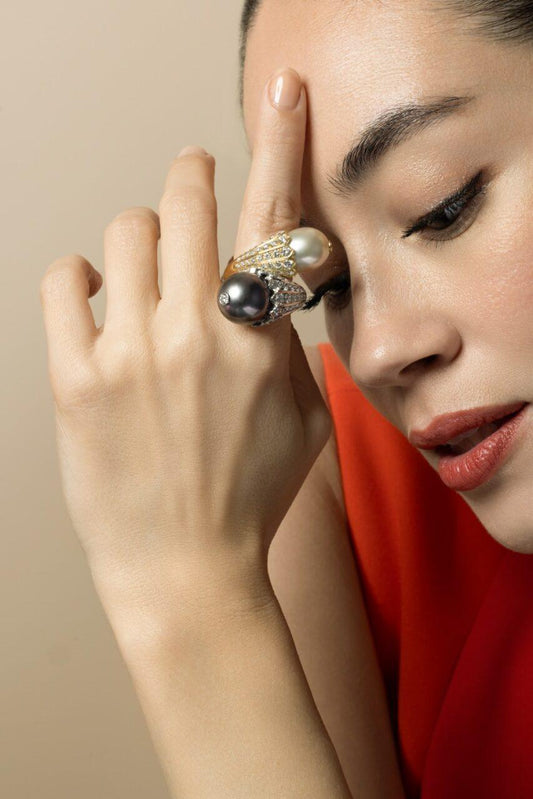 Diamond Pearl Flower Bud Crossover Ring-YELLOW GOLD-6-JEWELRYFINE JEWELRING-DAVID WEBB