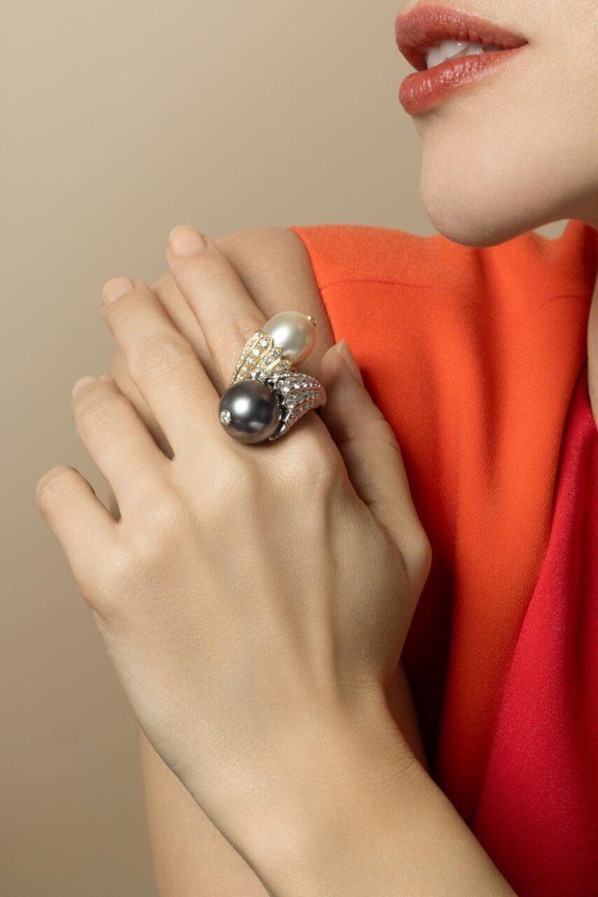 Diamond Pearl Flower Bud Crossover Ring-YELLOW GOLD-6-JEWELRYFINE JEWELRING-DAVID WEBB