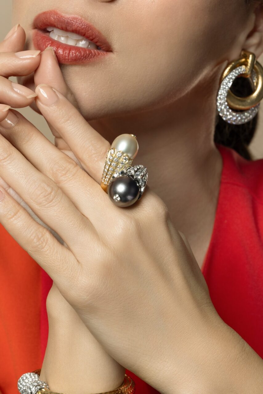 Diamond Pearl Flower Bud Crossover Ring-YELLOW GOLD-6-JEWELRYFINE JEWELRING-DAVID WEBB