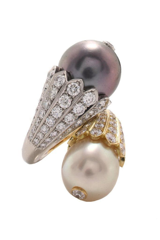 Diamond Pearl Flower Bud Crossover Ring-YELLOW GOLD-6-JEWELRYFINE JEWELRING-DAVID WEBB