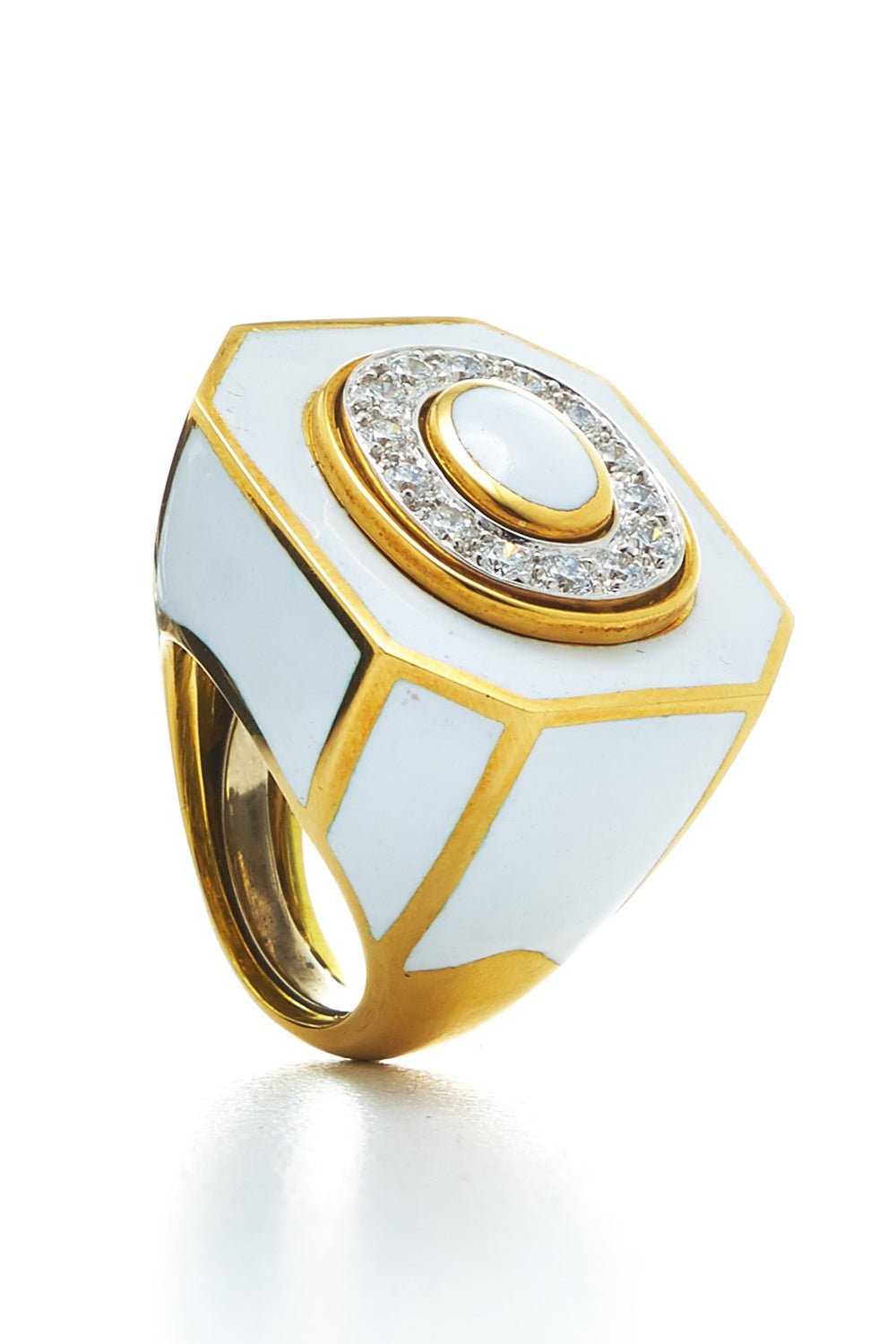 DAVID WEBB-White Enamel Diamond Ring-YELLOW GOLD
