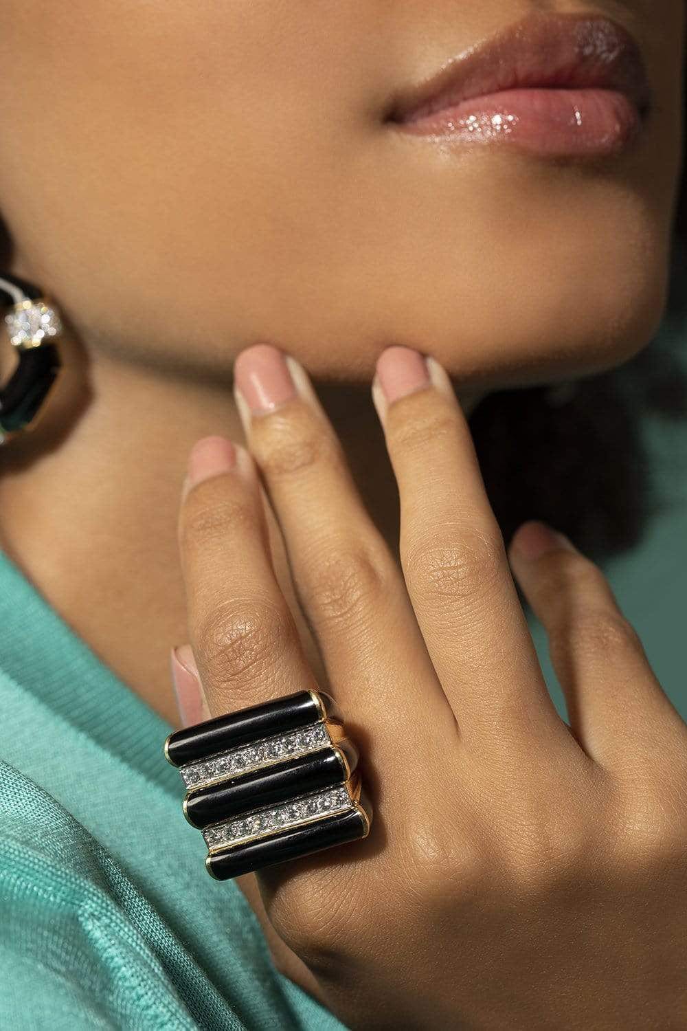 DAVID WEBB-Black Enamel and Diamond Radiator Ring-YELLOW GOLD