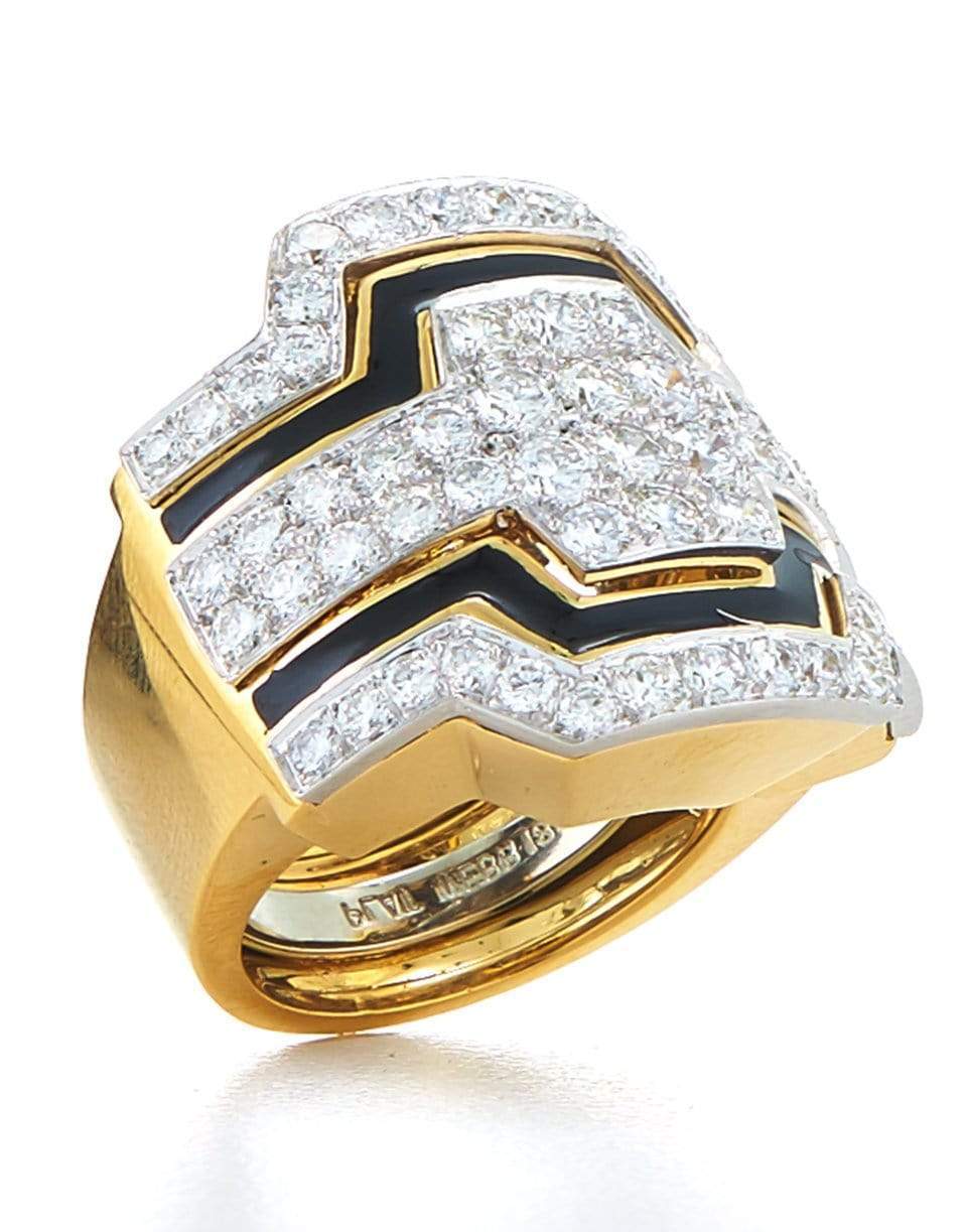 DAVID WEBB-Diamond and Black Enamel Cigar Band Ring-YELLOW GOLD