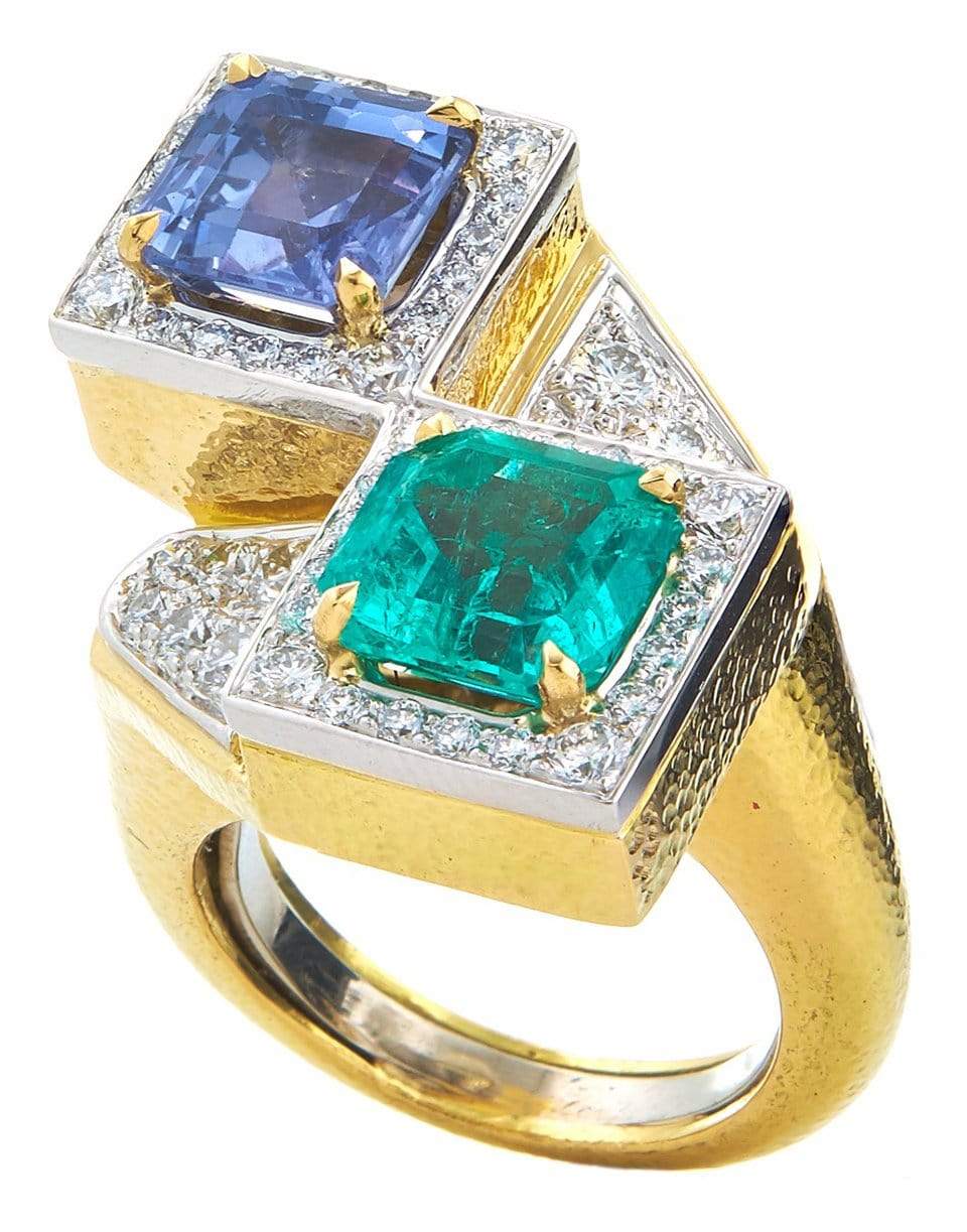 DAVID WEBB-Square Cut Emerald And Sapphire Ring-YELLOW GOLD