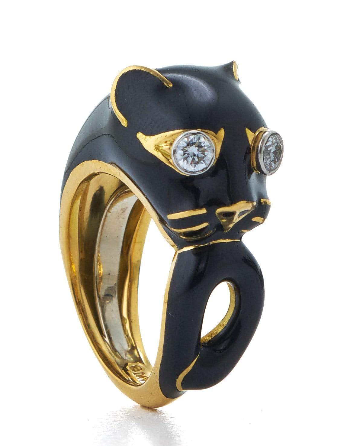 DAVID WEBB-Black Enamel Cat Ring-YELLOW GOLD