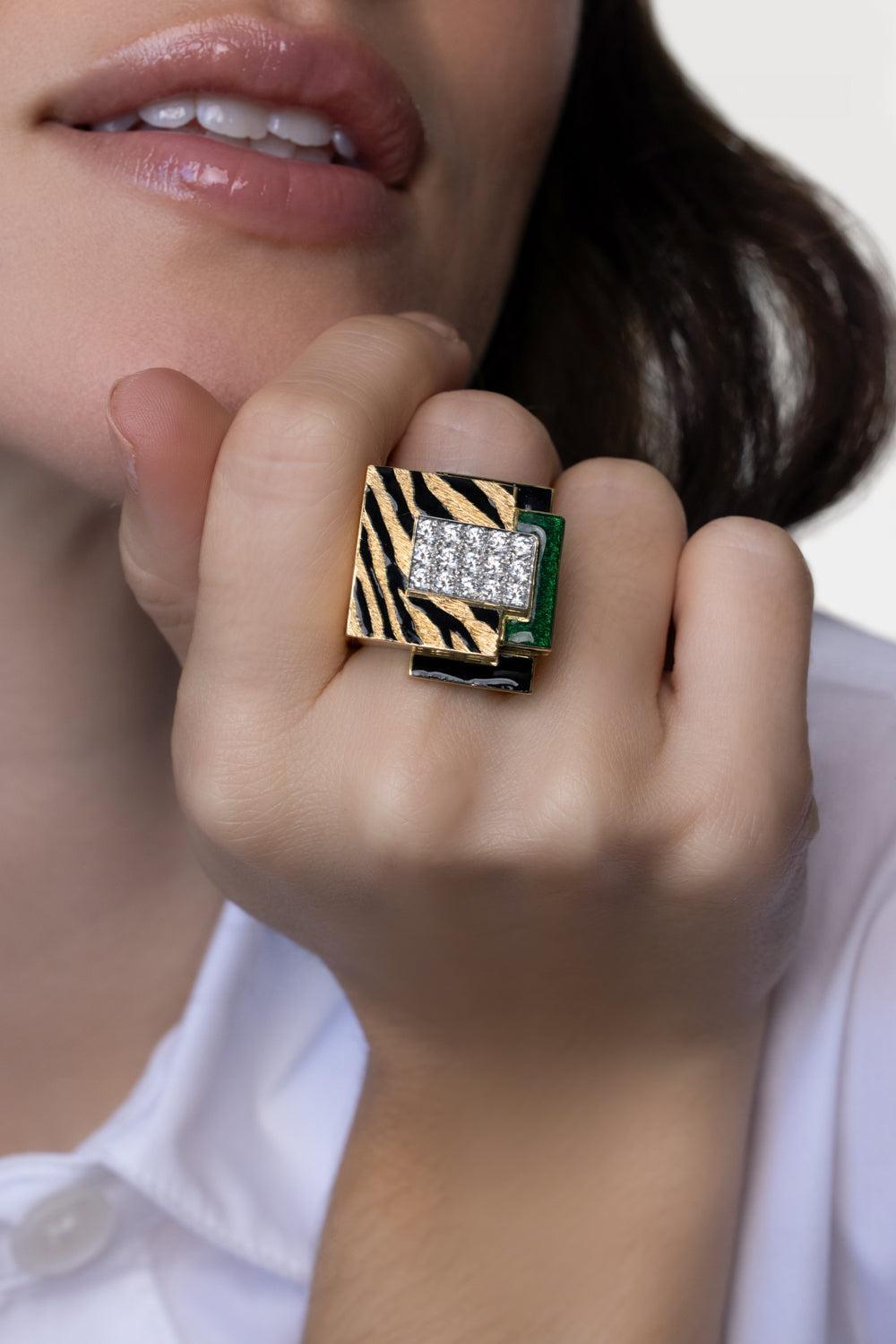 Green Tiger Stripe Cubist Ring-YELLOW GOLD-6.5-JEWELRYFINE JEWELRING-DAVID WEBB