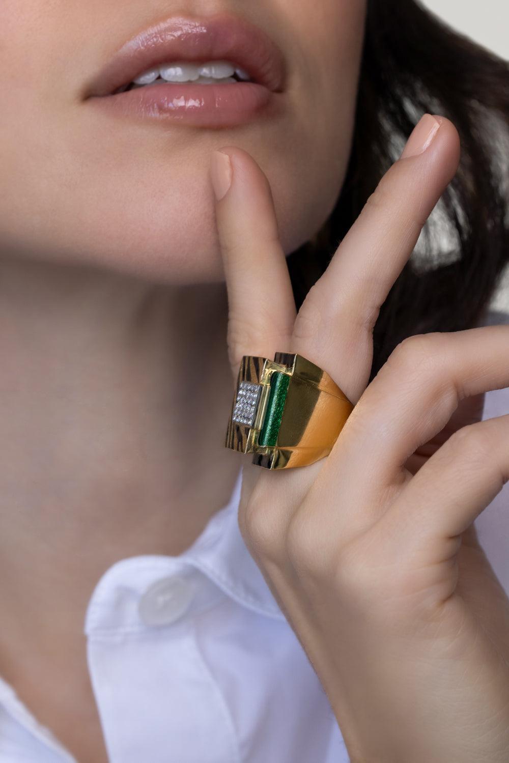 Green Tiger Stripe Cubist Ring-YELLOW GOLD-6.5-JEWELRYFINE JEWELRING-DAVID WEBB