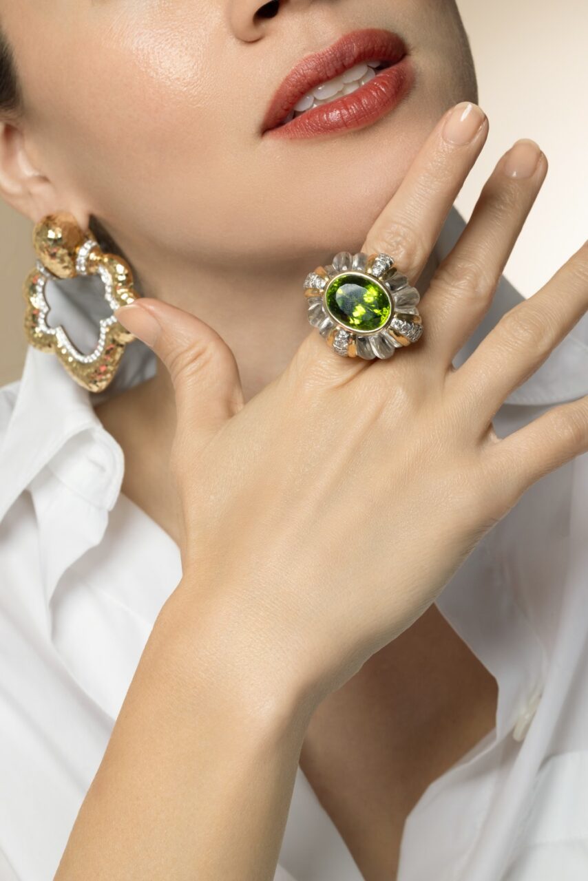 Peridot Rock Crystal Carved Ring-YELLOW GOLD-6.5-JEWELRYFINE JEWELRING-DAVID WEBB
