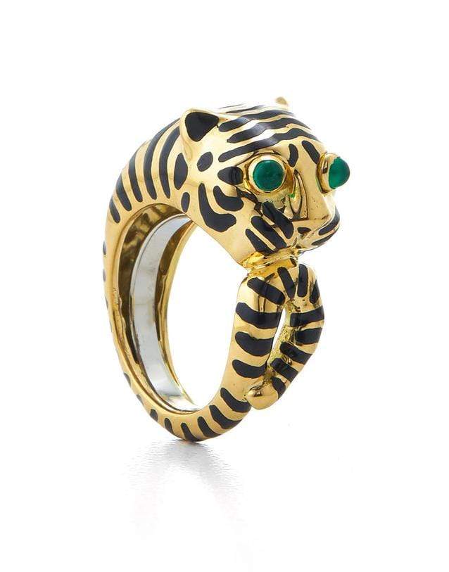 DAVID WEBB-Tiger Emerald Black Enamel Ring-YELLOW GOLD