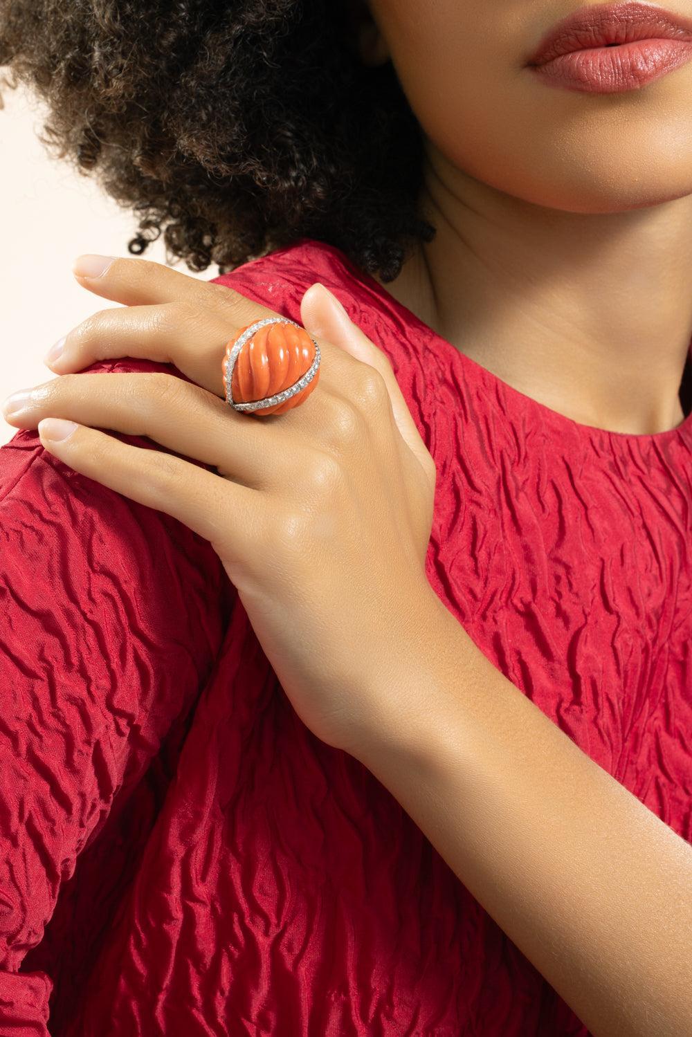 Coral Diamond Dome Ring-YELLOW GOLD-8.75-JEWELRYFINE JEWELRING-DAVID WEBB