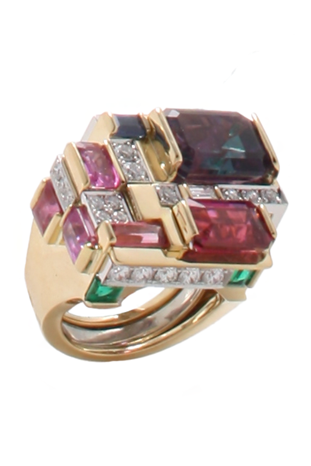 Amethyst Rubellite Diamond Cubist Ring-YELLOW GOLD-JEWELRYFINE JEWELRING-DAVID WEBB