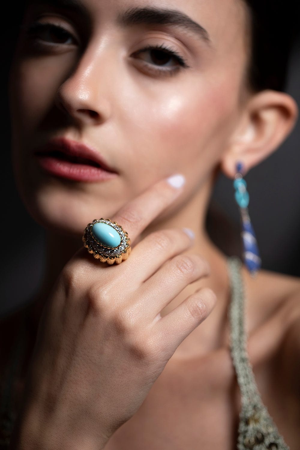 DAVID WEBB-Cabochon Turquoise and Diamond Ring-YELLOW GOLD