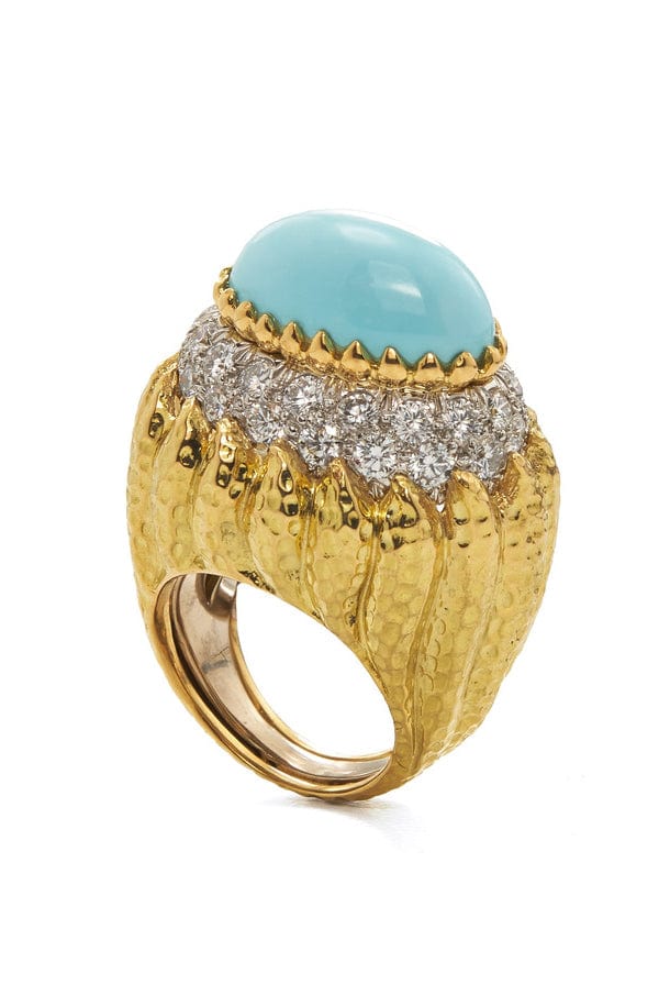 DAVID WEBB-Cabochon Turquoise and Diamond Ring-YELLOW GOLD