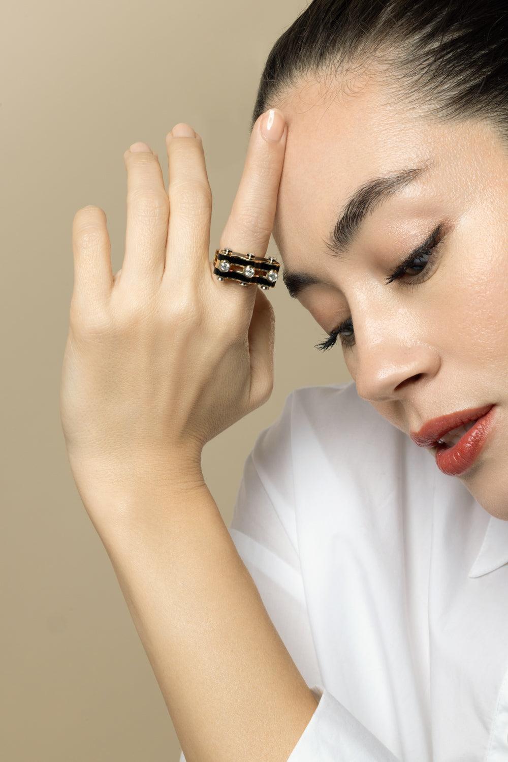 Diamond Black Small Wave Studlette Ring-YELLOW GOLD-JEWELRYFINE JEWELRING-DAVID WEBB