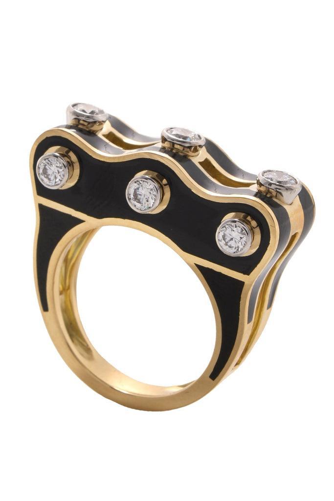 Diamond Black Small Wave Studlette Ring-YELLOW GOLD-JEWELRYFINE JEWELRING-DAVID WEBB