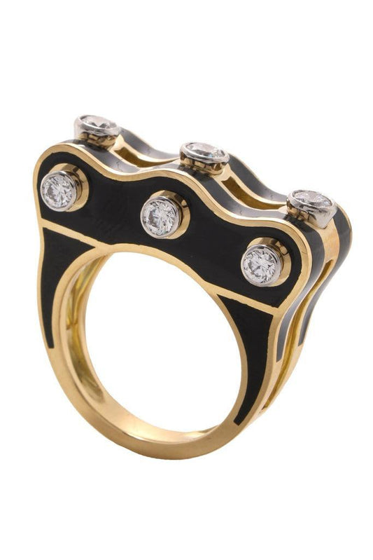 Diamond Black Small Wave Studlette Ring-YELLOW GOLD-JEWELRYFINE JEWELRING-DAVID WEBB