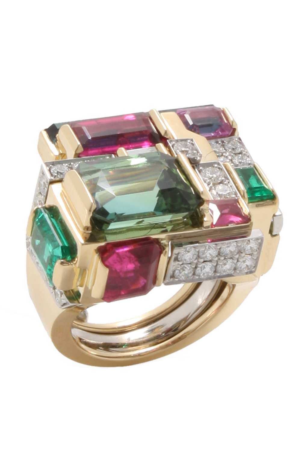 Green Tourmaline Ruelite Diamond Cubist Ring-YELLOW GOLD-JEWELRYFINE JEWELRING-DAVID WEBB