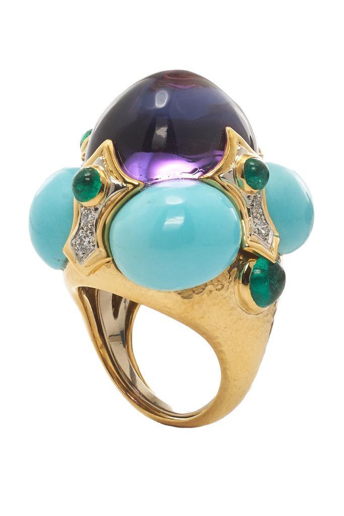 Turquoise Amethyst Emerald Crown Ring