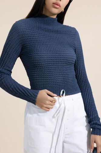 Chevron Long Sleeve Crop Top-BLUE-XS-CLOTHINGTOPKNITS-VICTORIA BECKHAM