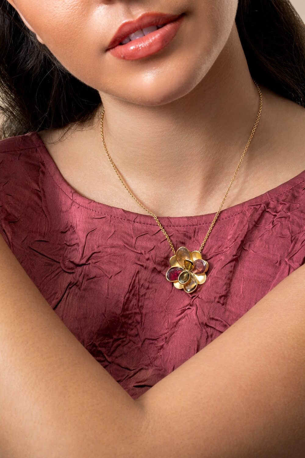 Mixed Tourmaline Flower Petali Pendant Necklace-YELLOW GOLD-16.5-JEWELRYFINE JEWELNECKLACE O-MARCO BICEGO