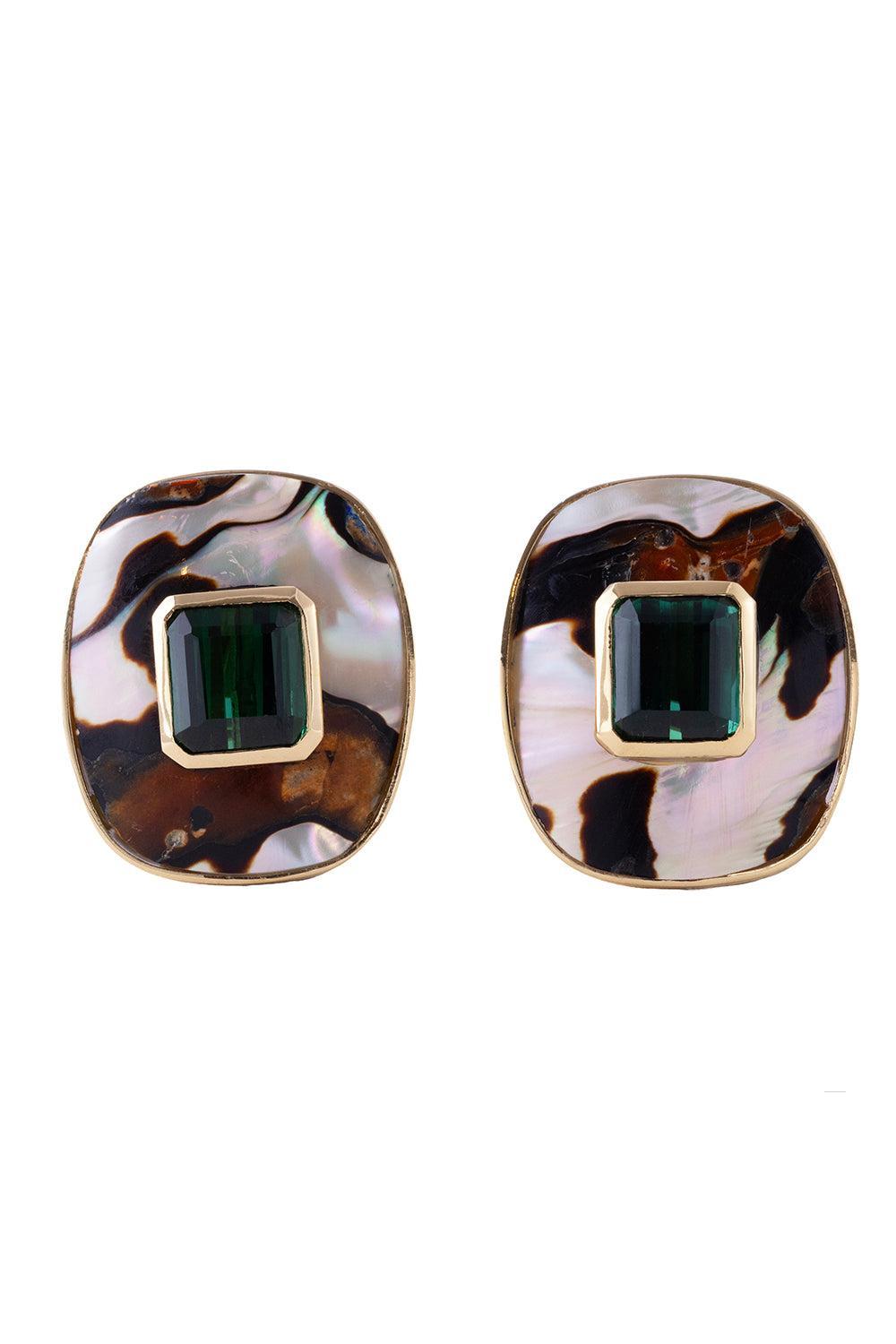 Green Tourmaline Abalone Shell Seaweed Earrings-YELLOW GOLD-JEWELRYFINE JEWELEARRING-DENISE CASSOU