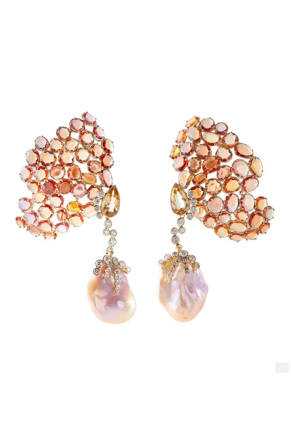  Orange Sapphire Topaz Pearl Harvest Earrings-YELLOW GOLD-JEWELRYFINE JEWELEARRING-DENISE CASSOU 