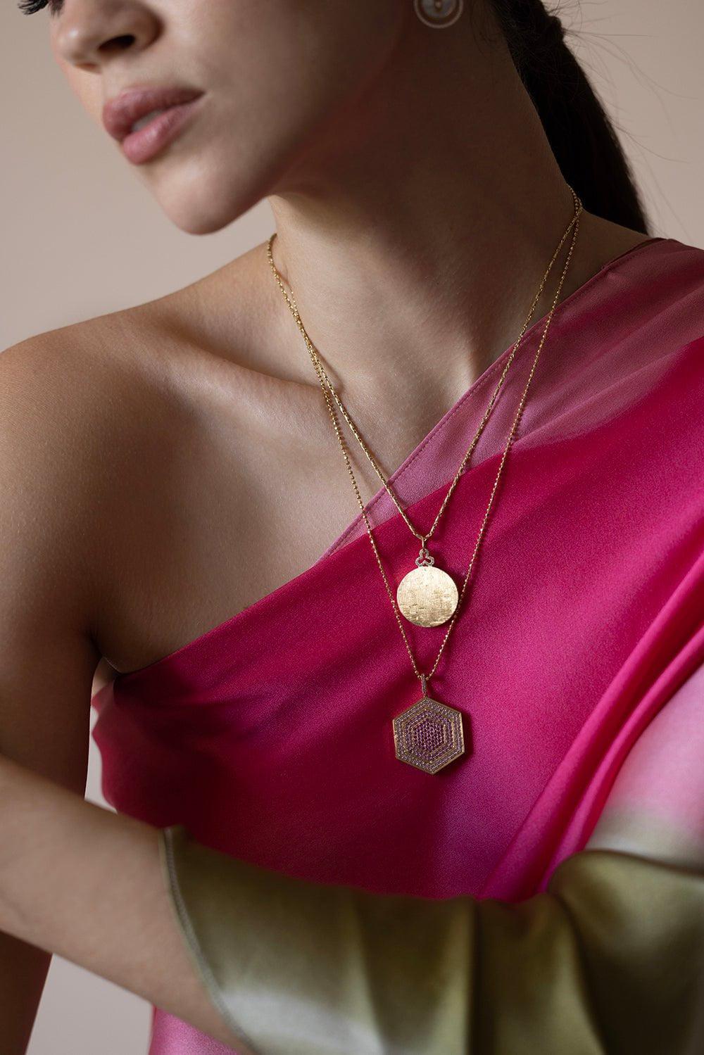 DEVON WOODHILL-Pink Sapphire Hex Locket Necklace-YELLOW GOLD