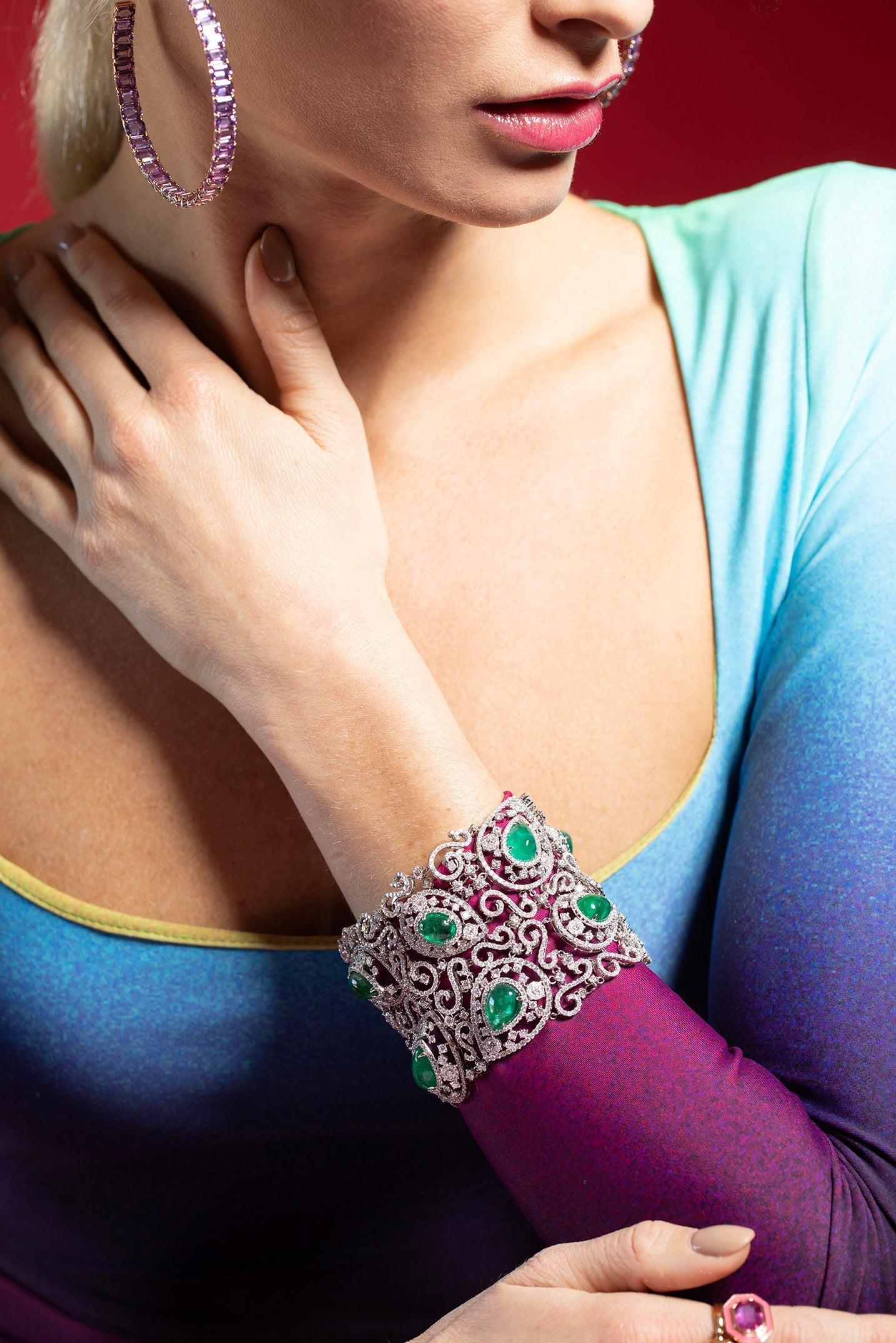 DIANA M. JEWELS-Emerald Diamond Bracelet-WHITE GOLD