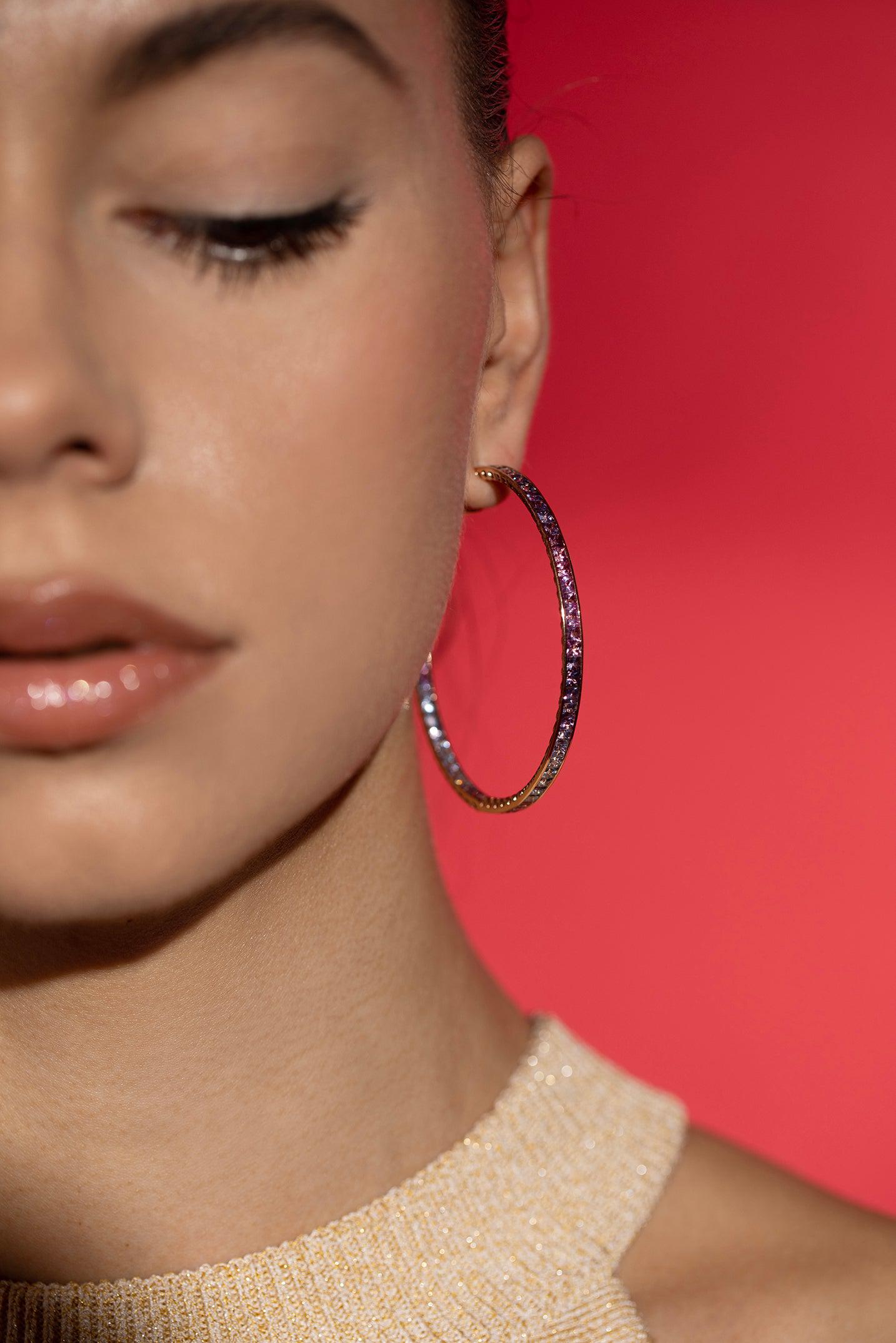 DIANA M. JEWELS-Multicolor Sapphire Hoop Earrings-ROSE GOLD