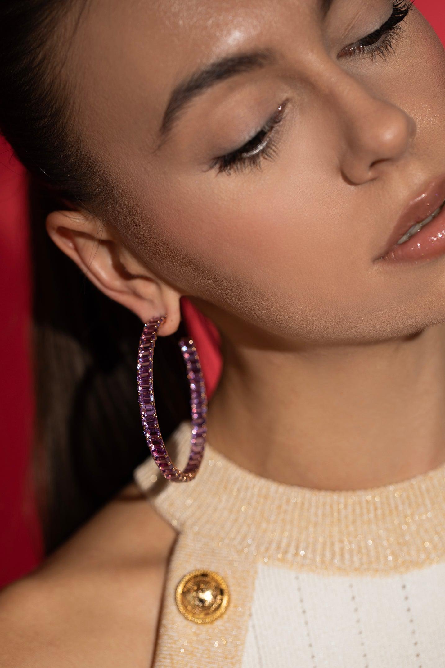 DIANA M. JEWELS-Purple Sapphire Hoop Earrings-ROSE GOLD