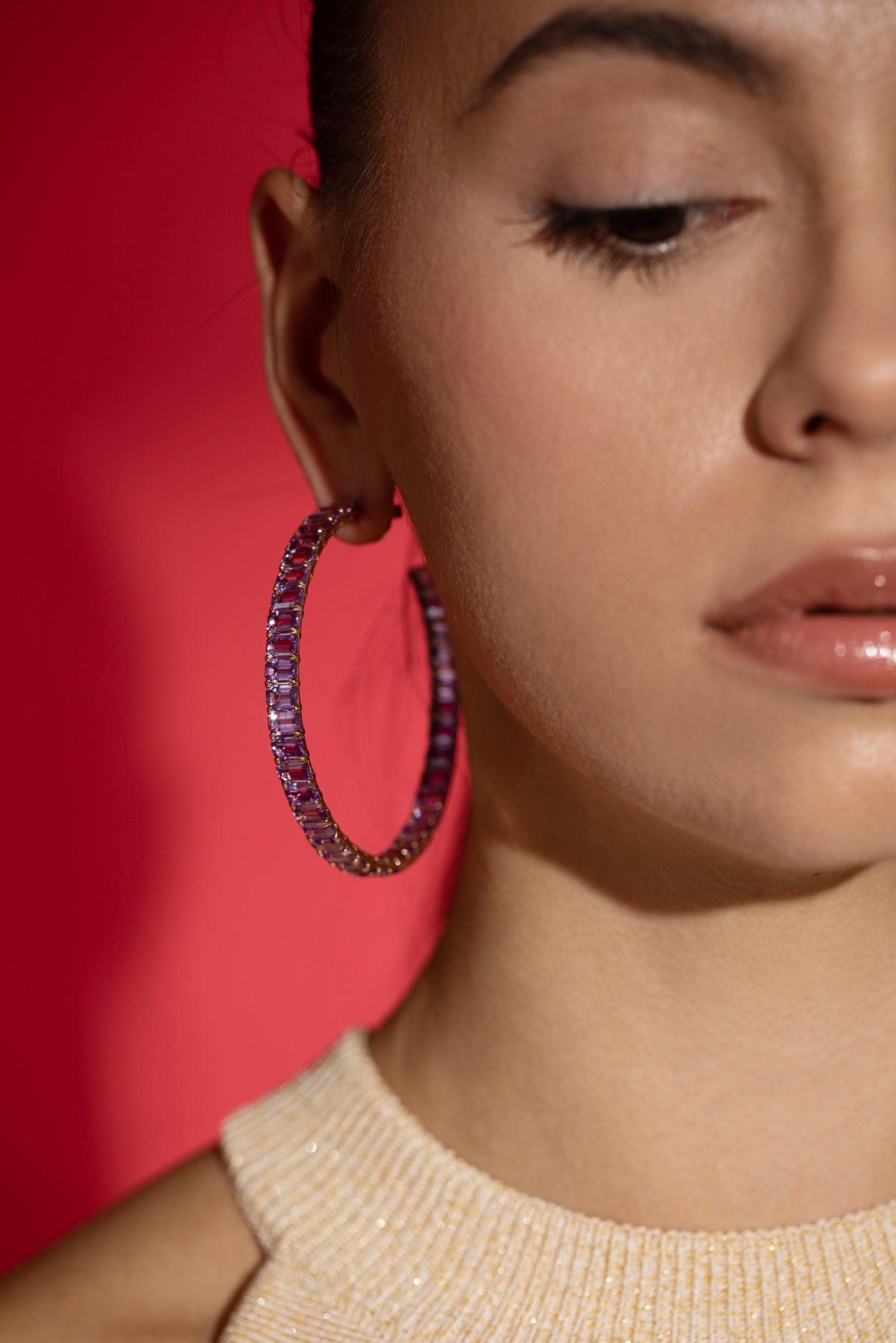 DIANA M. JEWELS-Purple Sapphire Hoop Earrings-ROSE GOLD