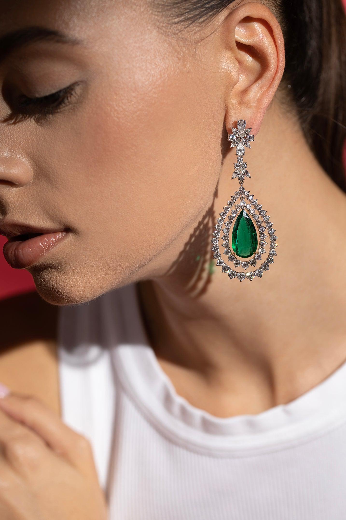DIANA M. JEWELS-Emerald Diamond Drop Earrings-WHITE GOLD