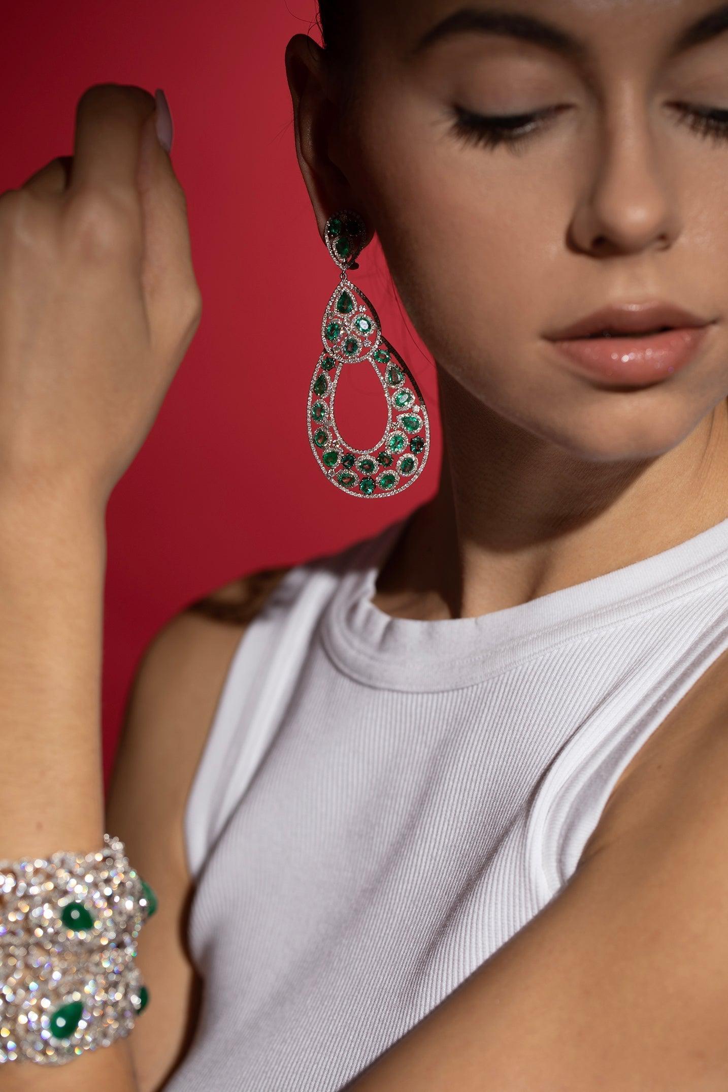 DIANA M. JEWELS-Emerald Diamond Fashion Earrings-WHITE GOLD