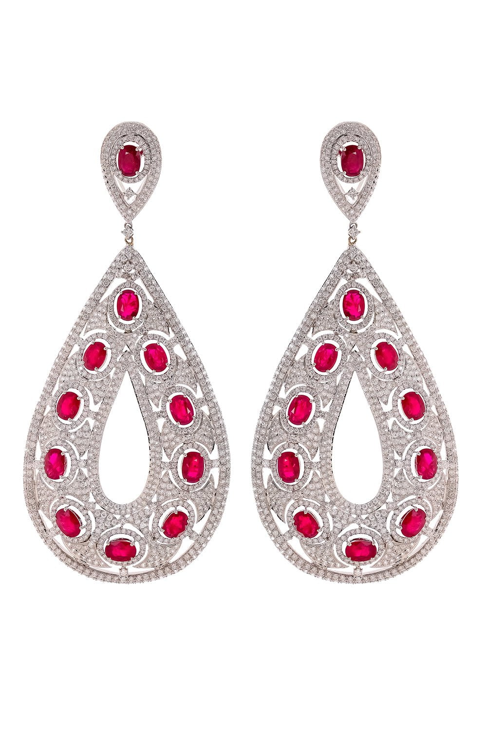DIANA M. JEWELS-Ruby Diamond Drop Earrings-WHITE GOLD