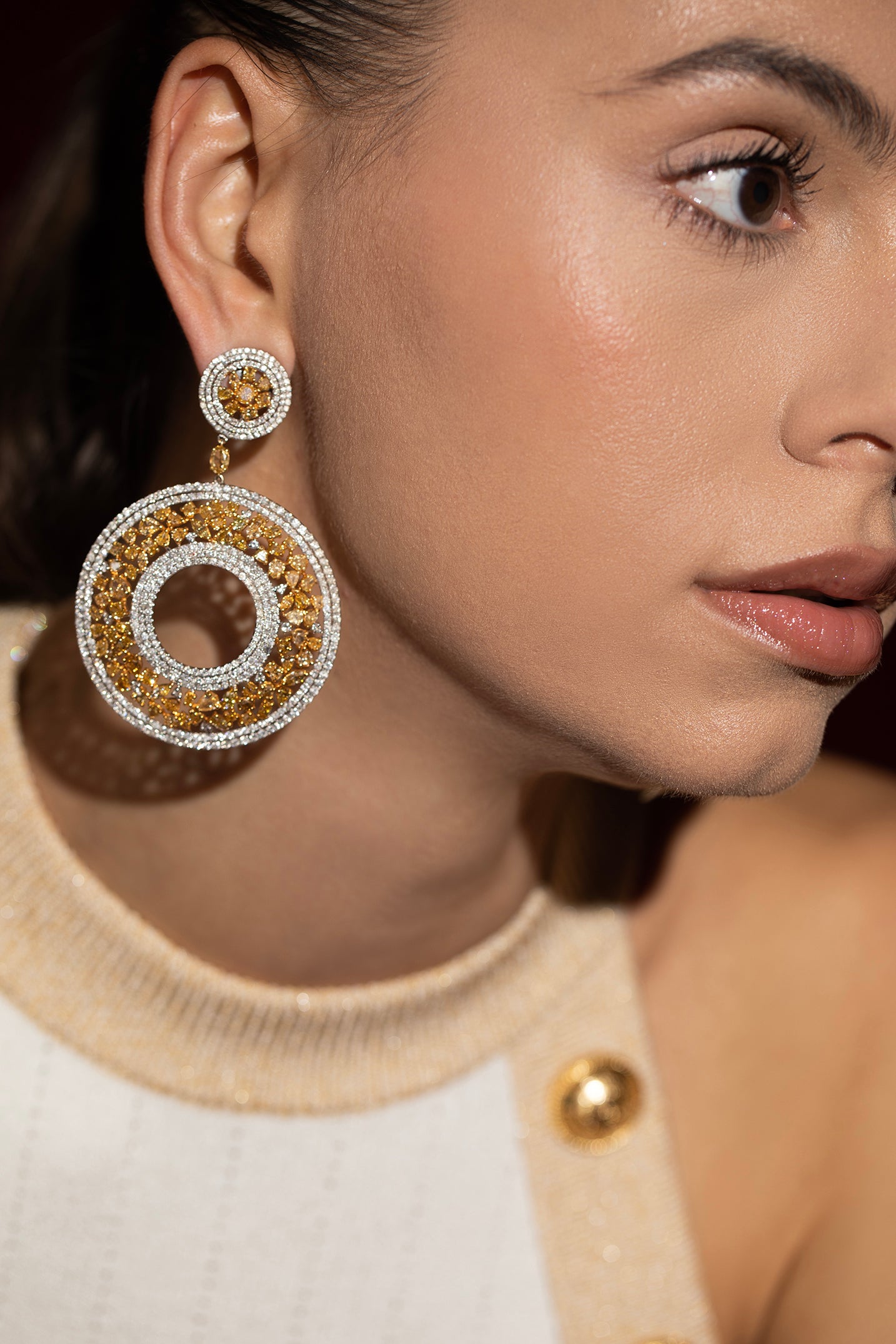 DIANA M. JEWELS-Yellow White Diamond Circle Earrings-WHITE GOLD