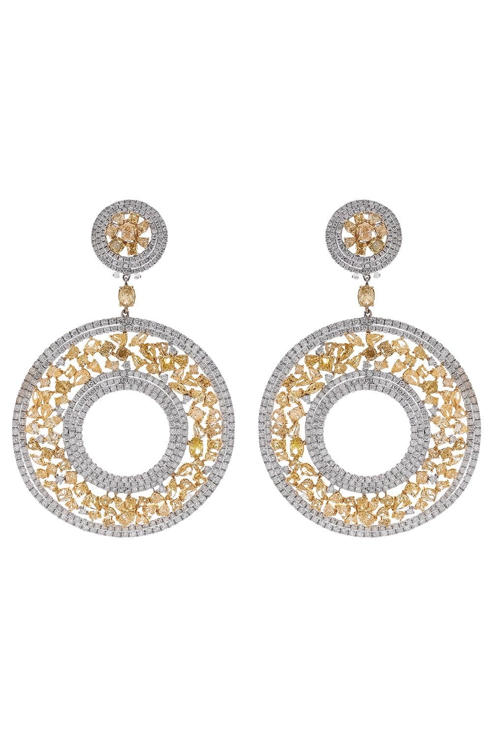 DIANA M. JEWELS-Yellow White Diamond Circle Earrings-WHITE GOLD