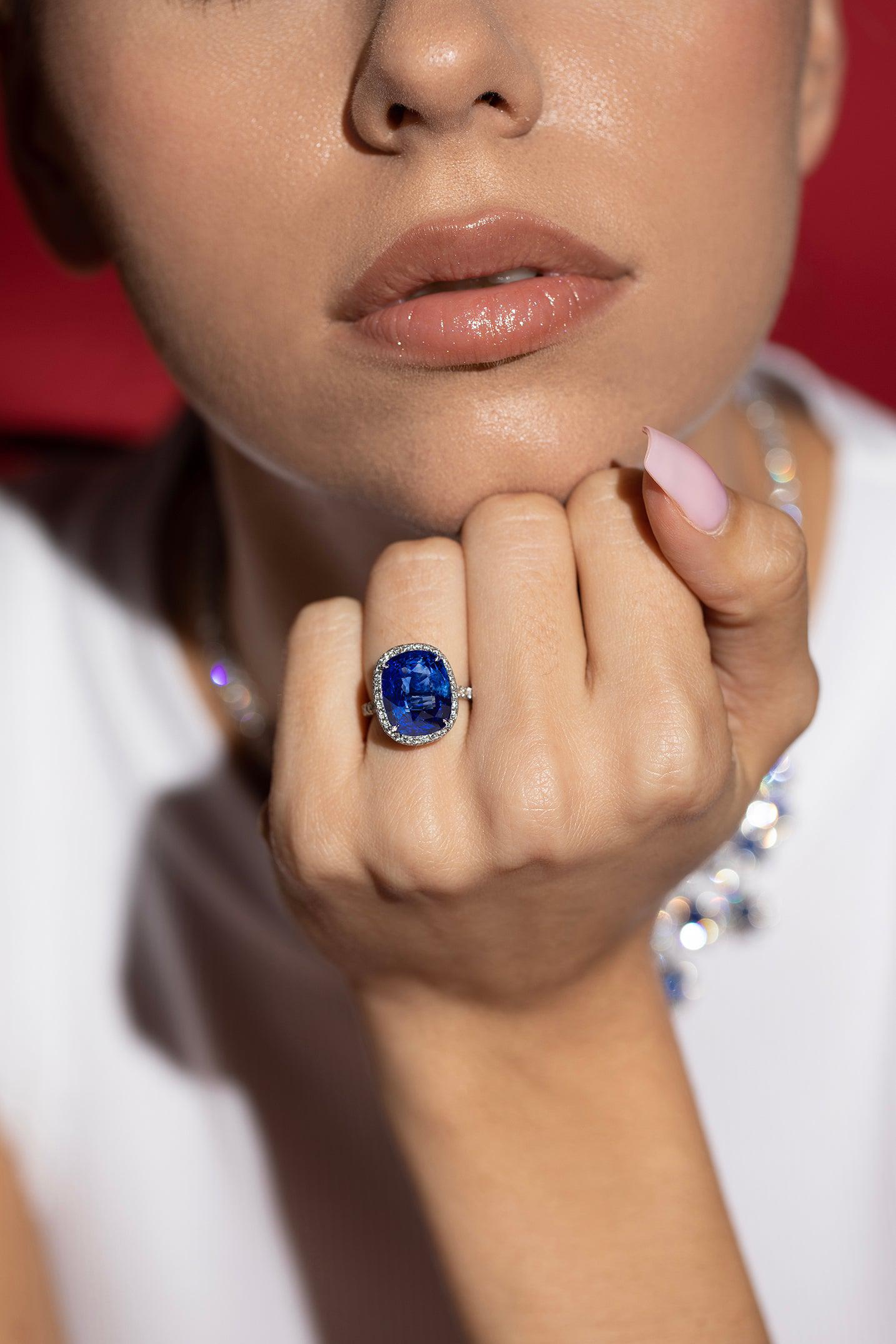 DIANA M. JEWELS-Sapphire Diamond Halo Ring-PLATINUM