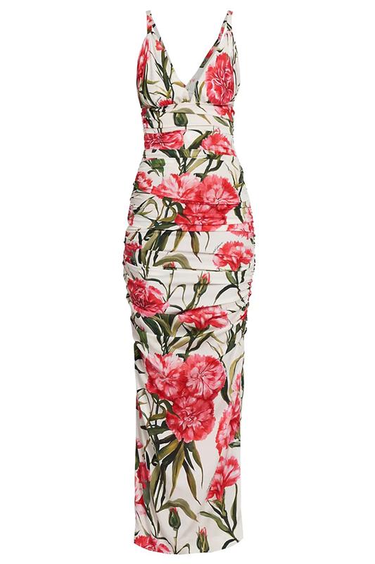 DOLCE & GABBANA-Ruched Carnation Printed Dress-
