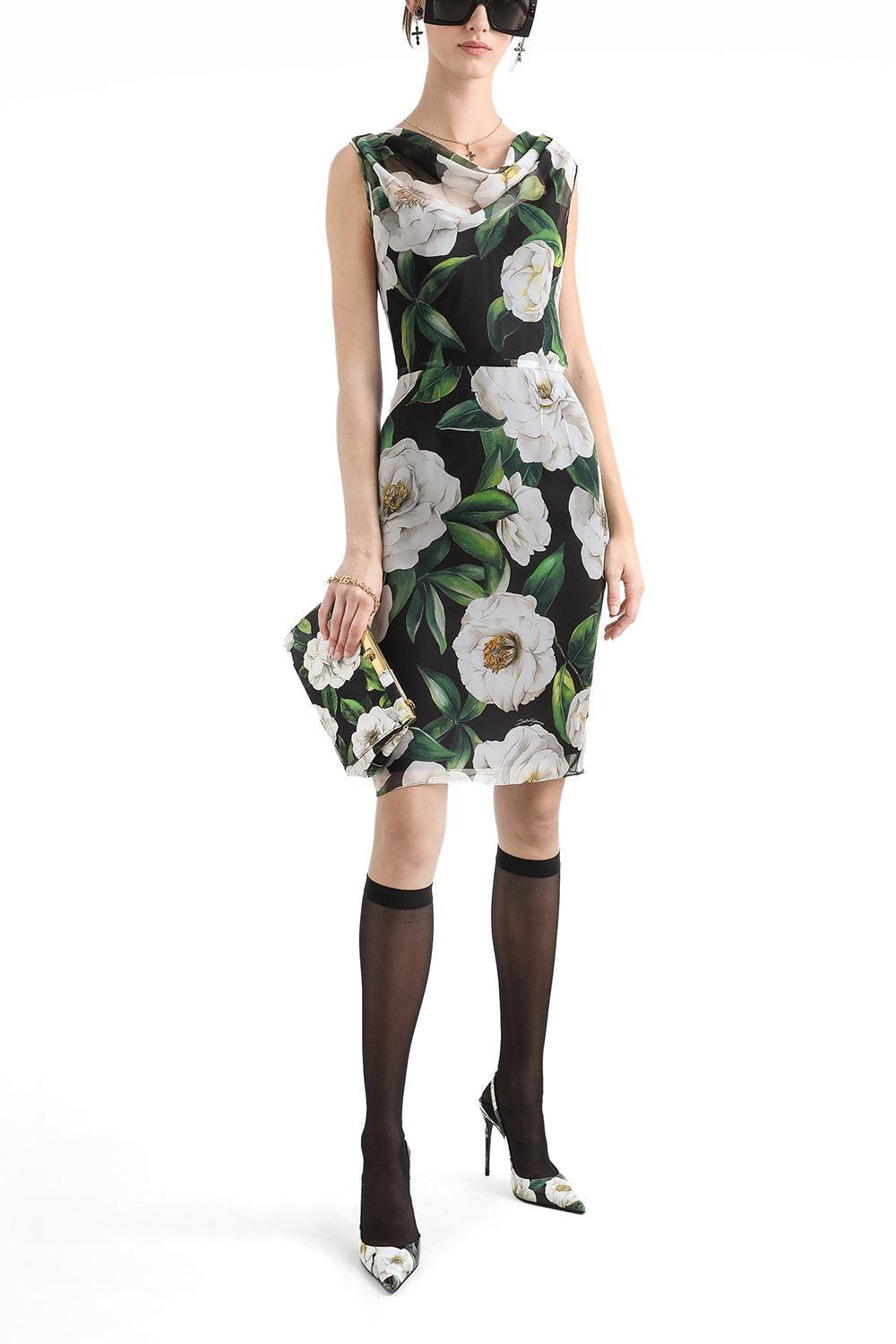 Gardenia Scoop Neck Dress-GARDENIA/NERO-42-CLOTHINGDRESSCOCKTAIL-DOLCE & GABBANA