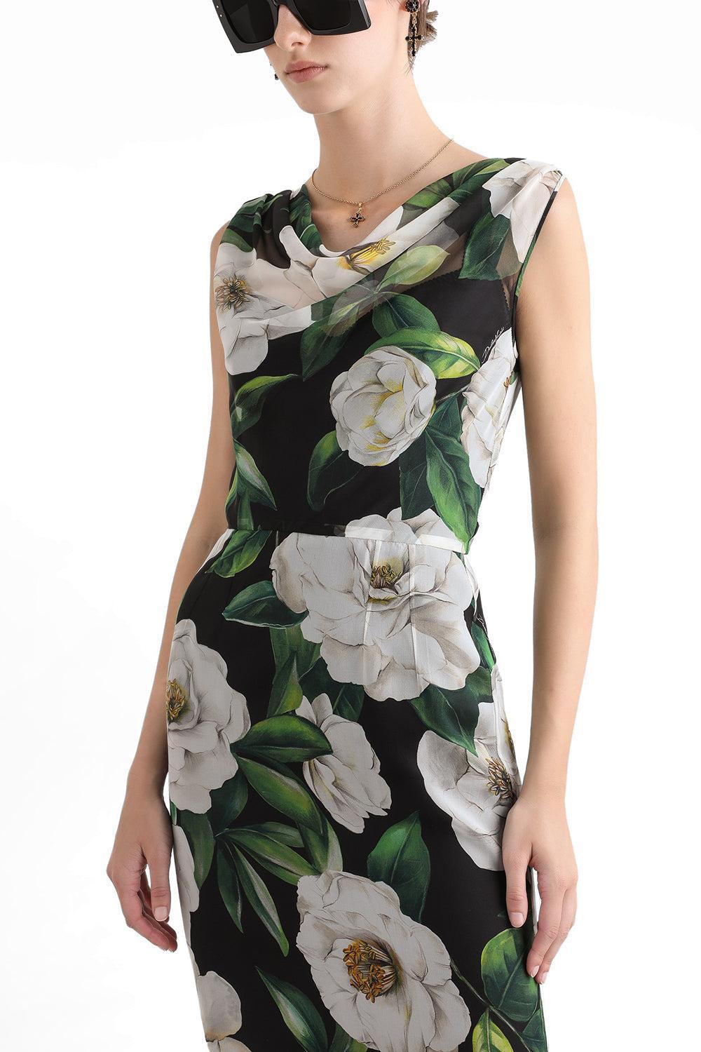 Gardenia Scoop Neck Dress-GARDENIA/NERO-42-CLOTHINGDRESSCOCKTAIL-DOLCE & GABBANA