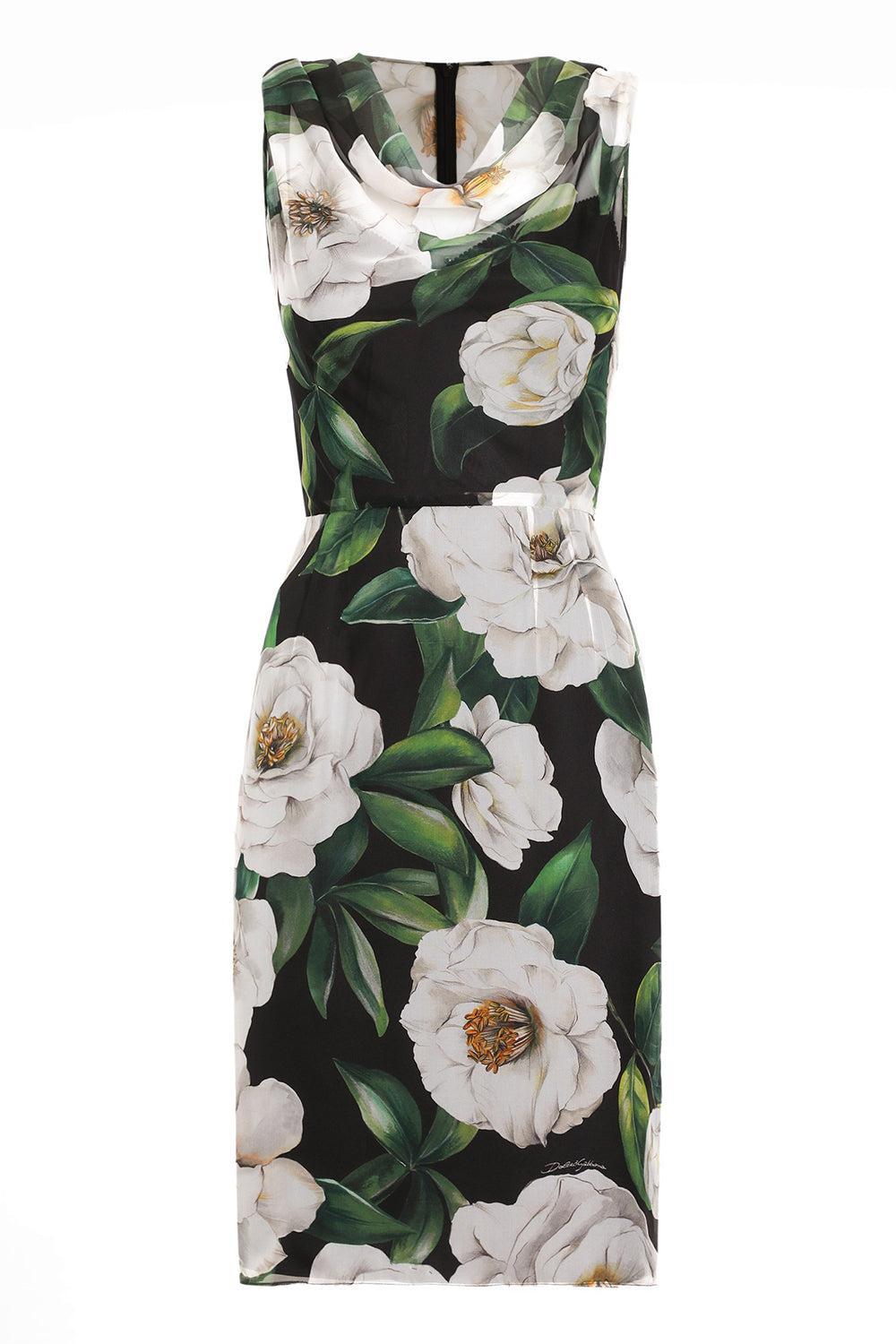 Gardenia Scoop Neck Dress-GARDENIA/NERO-42-CLOTHINGDRESSCOCKTAIL-DOLCE & GABBANA