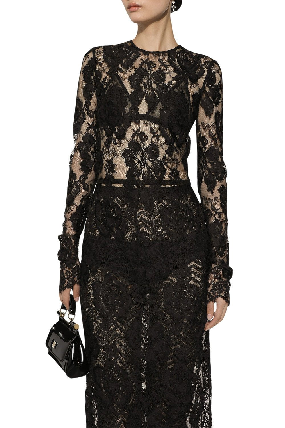 DOLCE & GABBANA-Long Sleeve Lace Midi Dress-