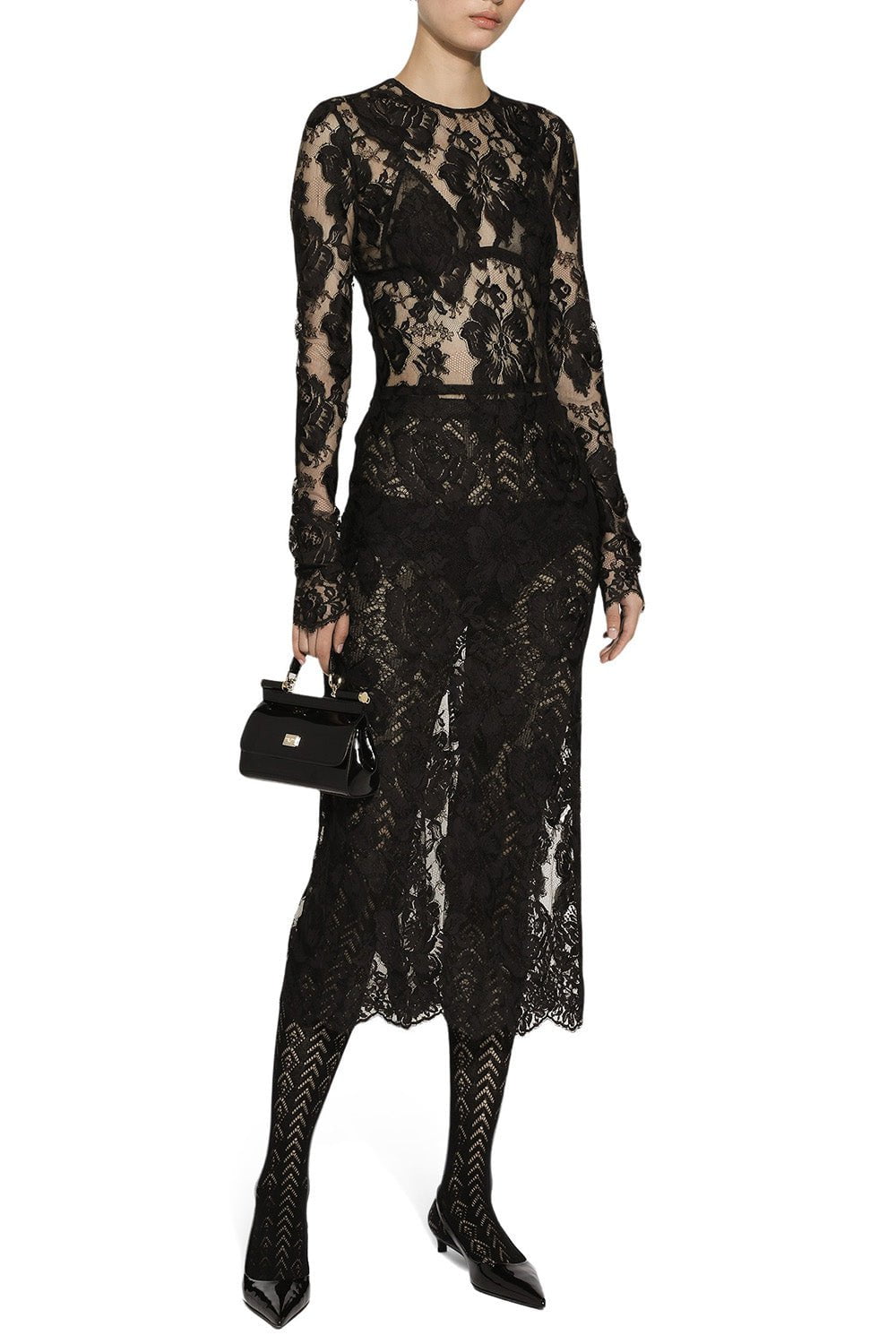 DOLCE & GABBANA-Long Sleeve Lace Midi Dress-