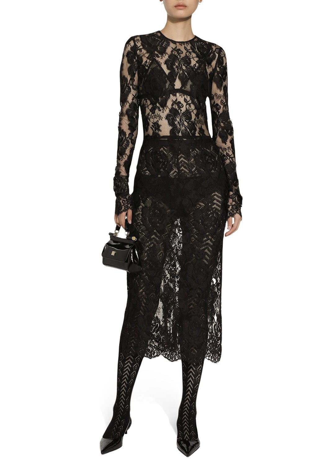 DOLCE & GABBANA-Long Sleeve Lace Midi Dress-