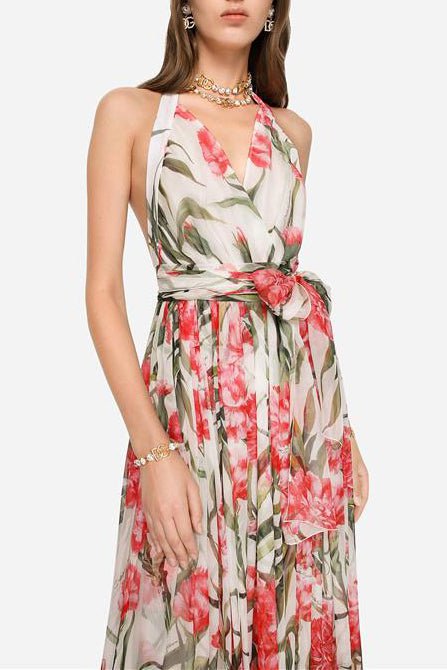 DOLCE & GABBANA-Long Printed Silk Chiffon Dress-CARNATNS