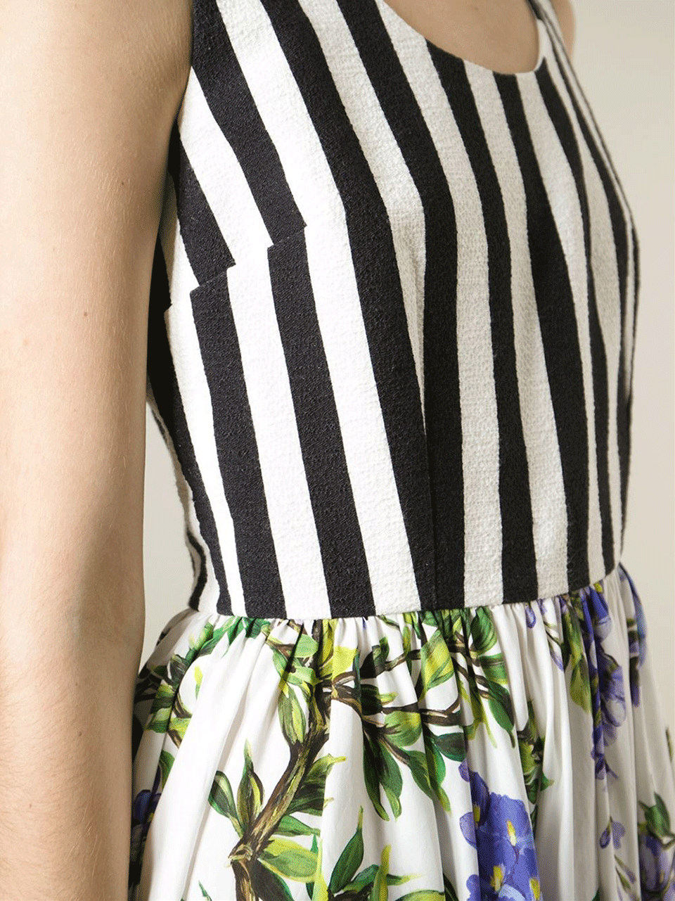 DOLCE & GABBANA-Stripe And Wisteria Dress-WHT/BLK