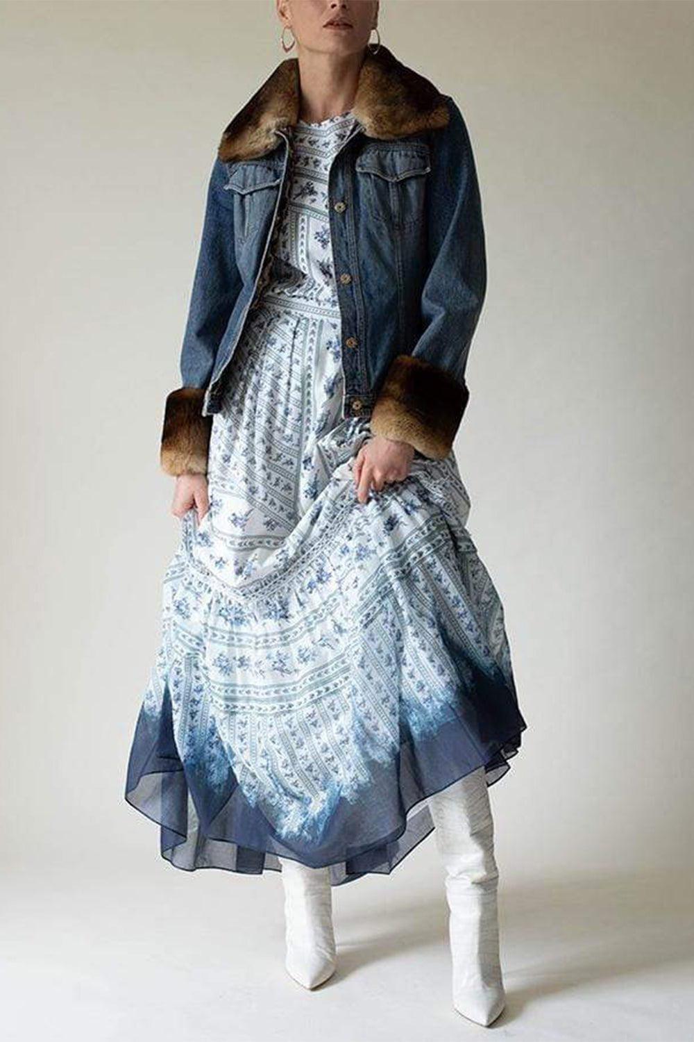 DOLCE & GABBANA-Jean Jacket with Fur Trim-BLUE