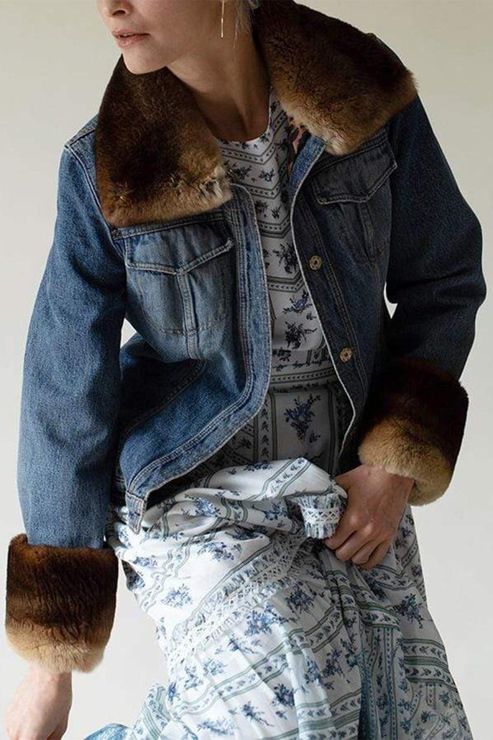 DOLCE & GABBANA-Jean Jacket with Fur Trim-BLUE